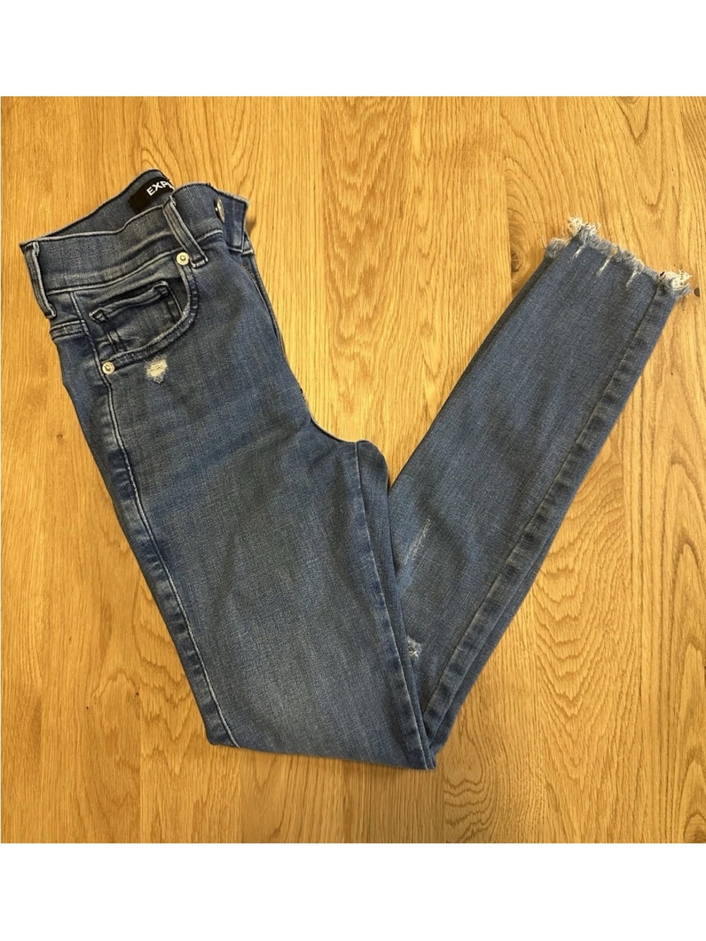 Express Womens High-Rise Skinny Jeans Blue Medium Wash Distressed Stretch 00R